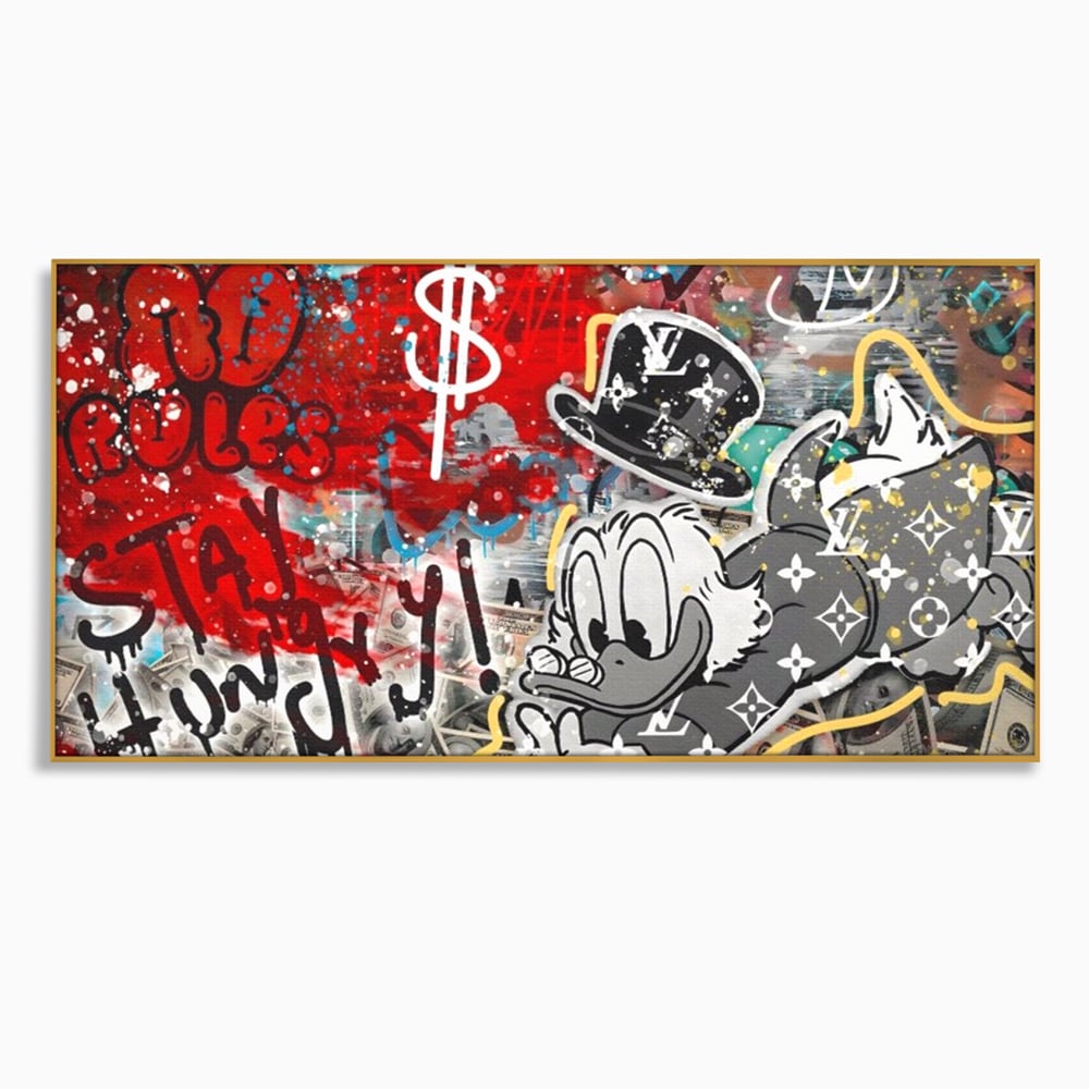 Tablou canvas cu tablou canvas cu scrooge mcduck si graffiti, in rama de aluminiu auriu